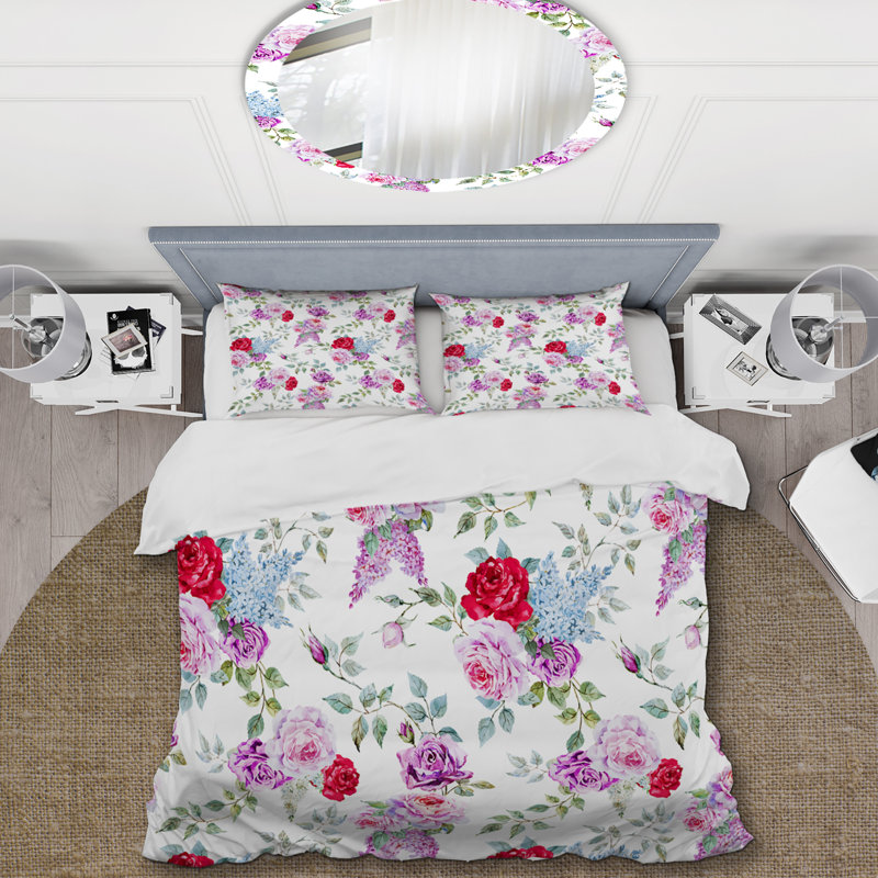 Fleurs mauves et roses - Ensemble de housse de couette floral - Polyester microfibre