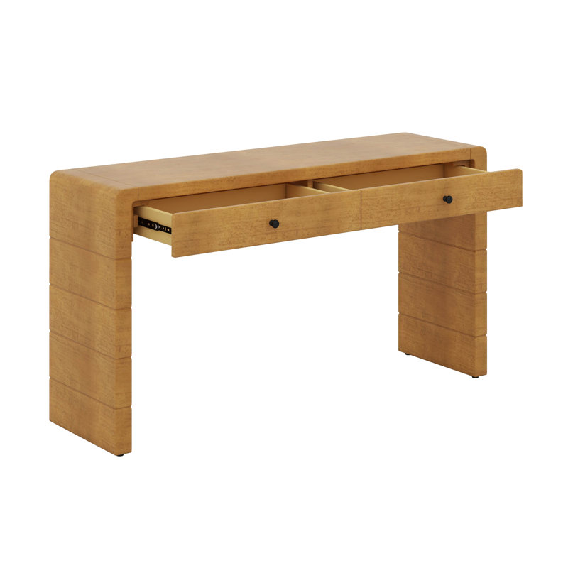 Curved Console Table With Storage, Wooden Entryway Table With 2 Drawers, Farmhouse Rustic Console Tables, Natural