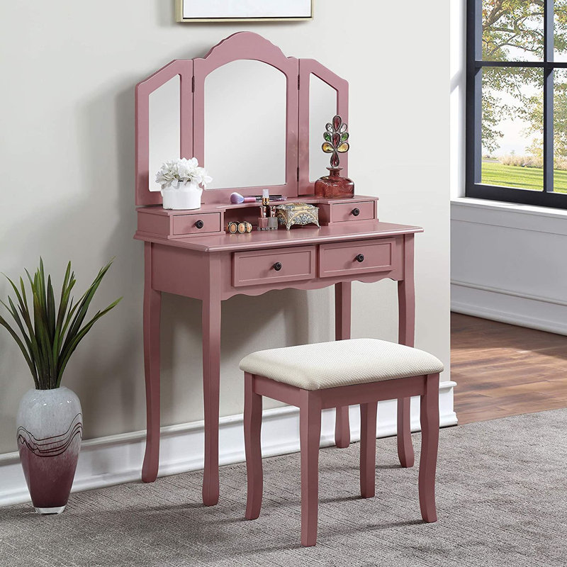 Devhan Make-up Vanity Table and Stool Set, Pink