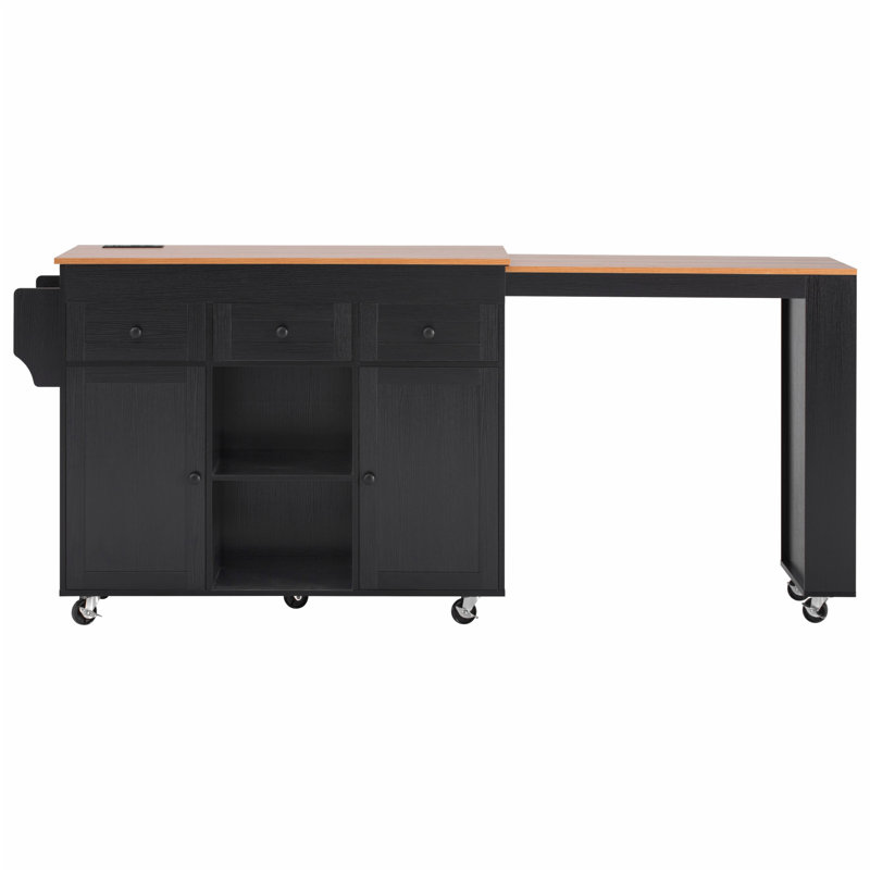 85.5" Kitchen Island with Extendable Dining Table, Kitchen Storage Table with 3 Side Open Shelves, Rolling Kitchen Island with Power Outlet, 3 Drawers, 2 Doors, for Kitchen, Dining Room, Black