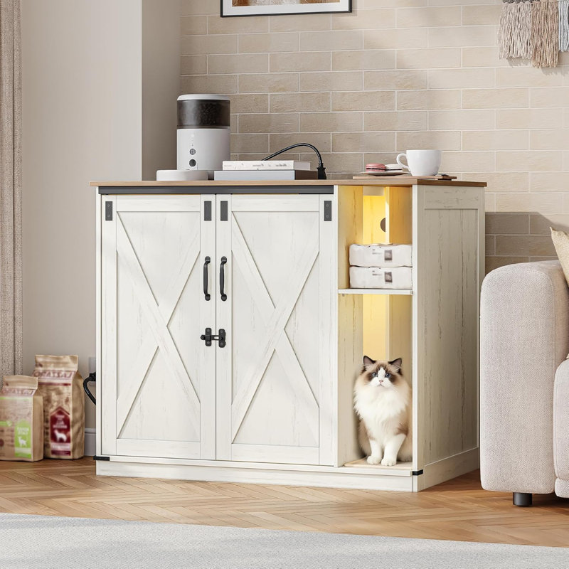 Très grand bac à litière pour chat, meuble de litière autonettoyant caché avec support rotatif, armoire pour chat de ferme avec prise de courant et lumière, chatière, blanc rustique