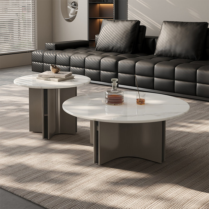 Simple round stone slab coffee table set, 14.2" H x 31.5" L x 31.5" W, White