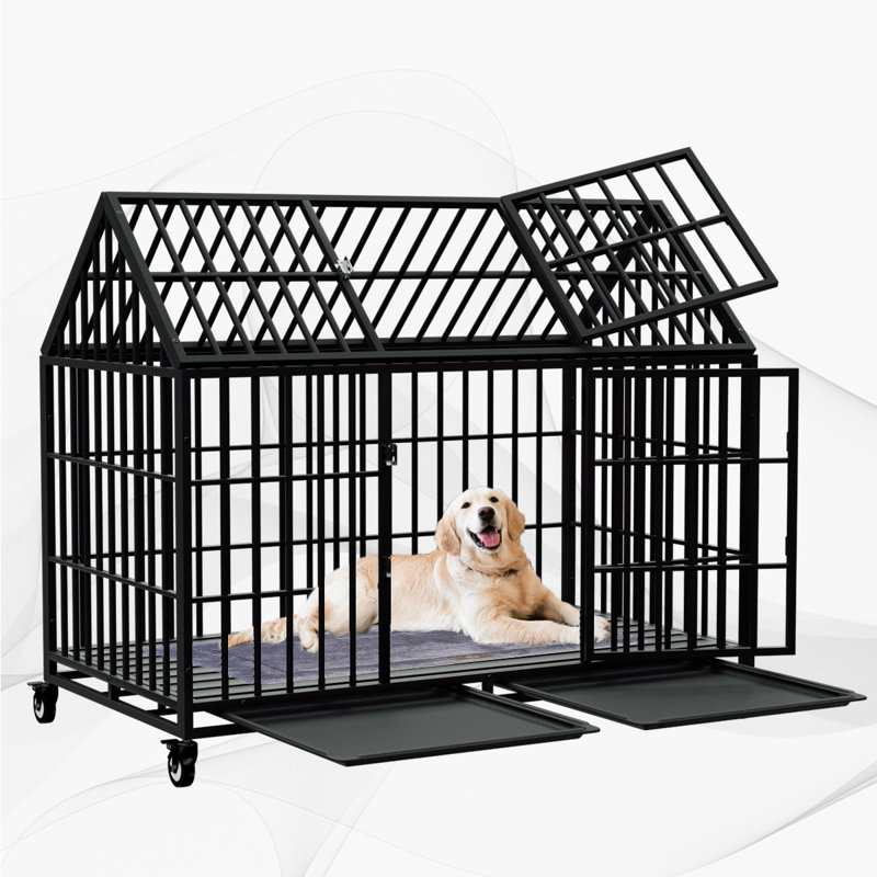 54/48 Inch Heavy Duty Dog Crate Large Dog Cage Strong Metal Dog Kennels And Crates For Large Dogs Top Open With Wheels 2 Removable Trays