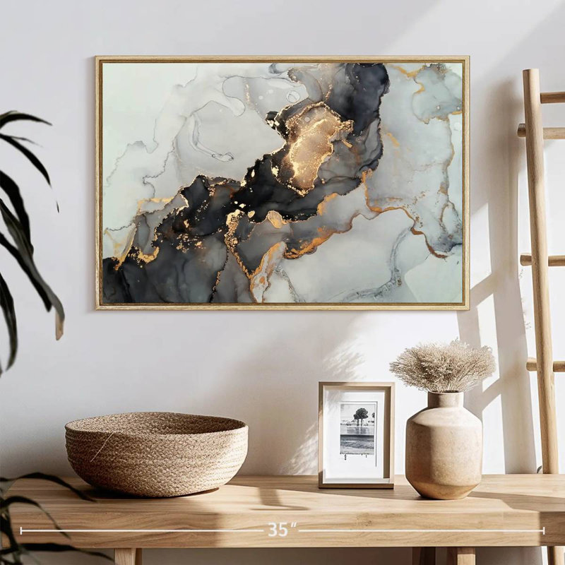 Éclaboussure noire et dorée, 25 po x 17 po, Cadre flottant en bois naturel