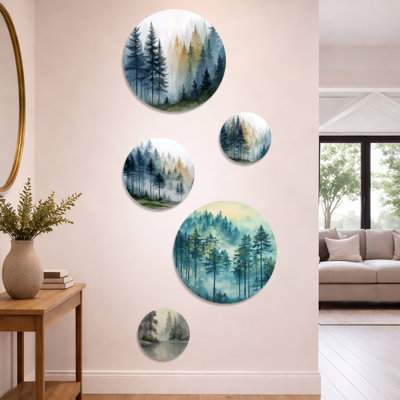 Morning Fog Pine Tree Mountain Trail - Tree Pine Metal Wall Art Set of 5
