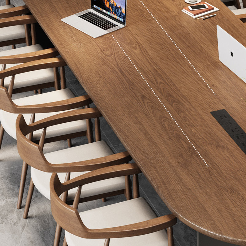 Table de conférence brun noyer + bois massif ovale noir + fer, H 29,53 po x L 110,24 po x l 39,37 po