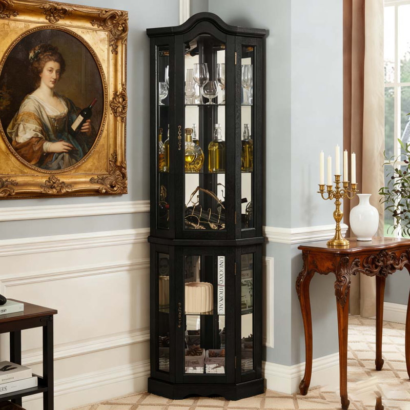 Lighted Corner Curio Cabinet with Tempered Glass Doors & Shelves, Black