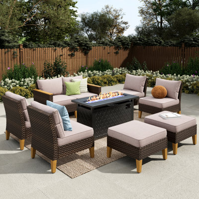 Ensemble de conversation modulaire en osier pour l'extérieur 9 personnes avec table de foyer Phenice