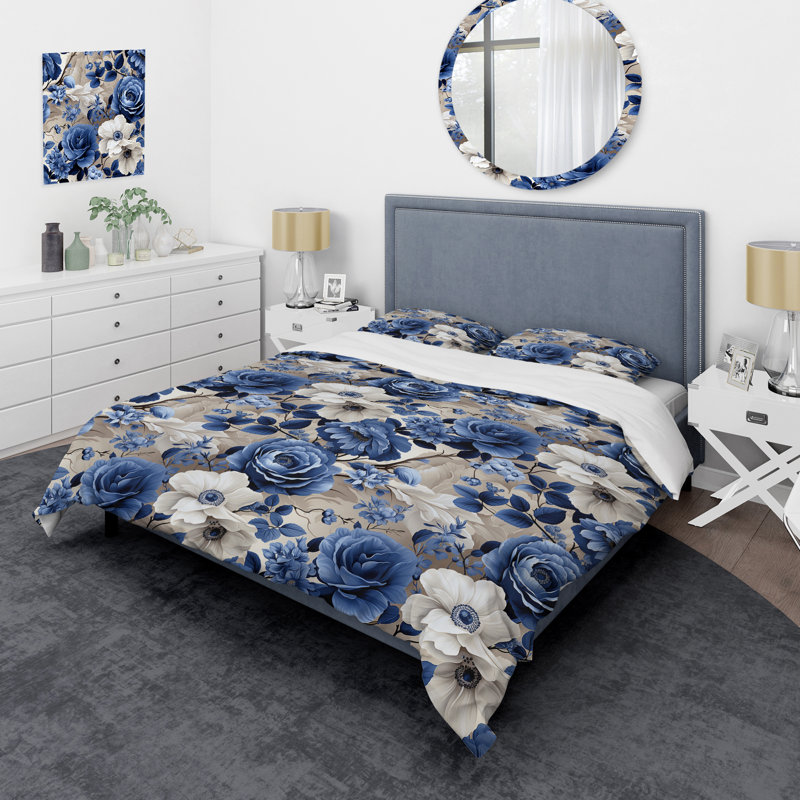 Ensemble de housse de couette Blue Renaissance Roses Victorian, Housse de couette simple + 1 taie décorative stan