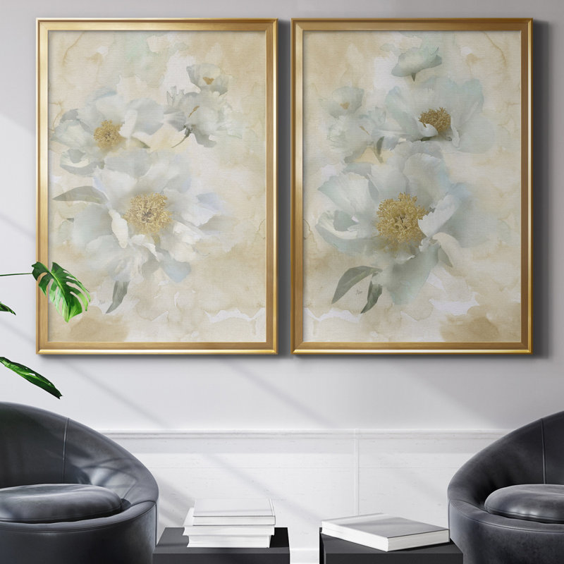 Douces pivoines I - ensemble de 2 reproductions d'art, Pas de tapis, H 18,5 po x l 49 po x P 1,5 po, Toile encadrée dorée