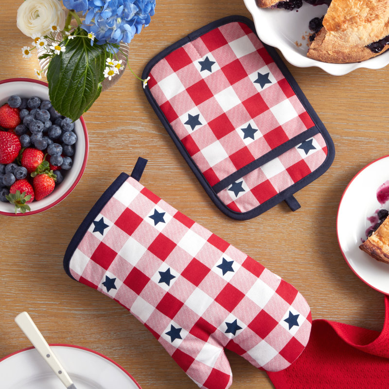 MARTHA STEWART American Star Gihgham, ensemble de gants de cuisine et porte-casseroles, rouge / blanc / bleu