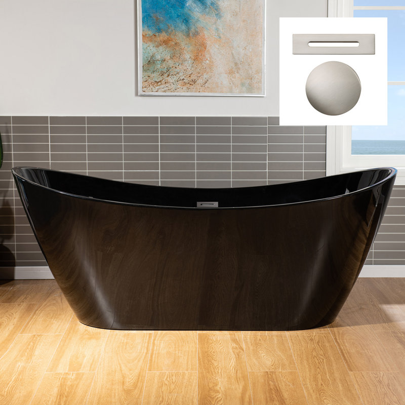 71" x 32" Freestanding Soaking Acrylic Bathtub, Brushed Nickel, Glossy Black