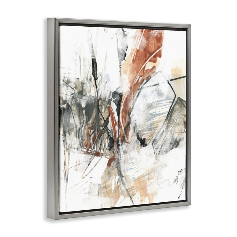  «Chaotic Terracotta & Grey Floater», art mural sur toile par June Erica Vess, H 21 po x l 17 po, Cadre flottant gris lustré