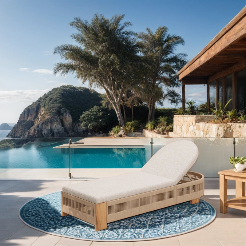 Chaise longue en bois d'acacia - Dossier réglable avec coussin résistant à l'eau - Chaise longue de piscine et de patio