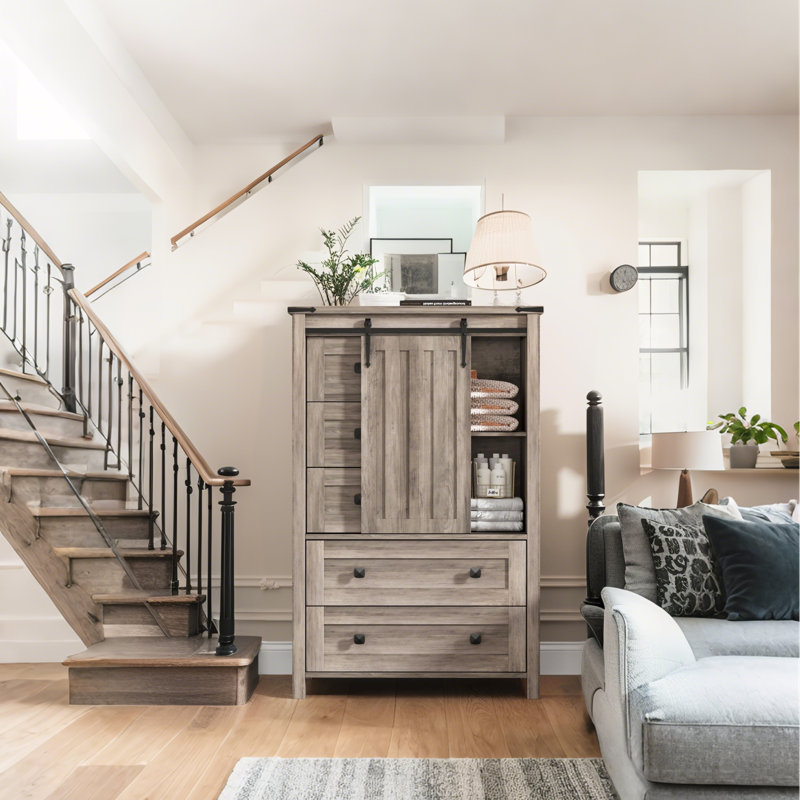  Farmhouse 5 Drawer Dresser, 48" Tall Chest with Barn Door & Shelf, Bedroom Storage Cabinet, Gray