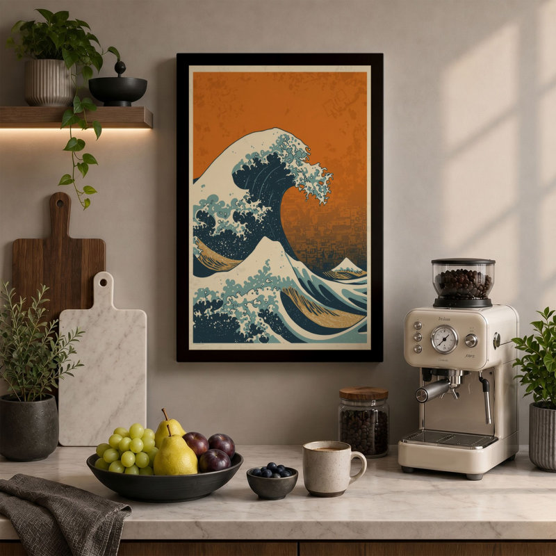 Great Wave Rising Japandi - Wrapped Canvas, 30x20 - 76.2 x 50.8 cm, Terracotta Border