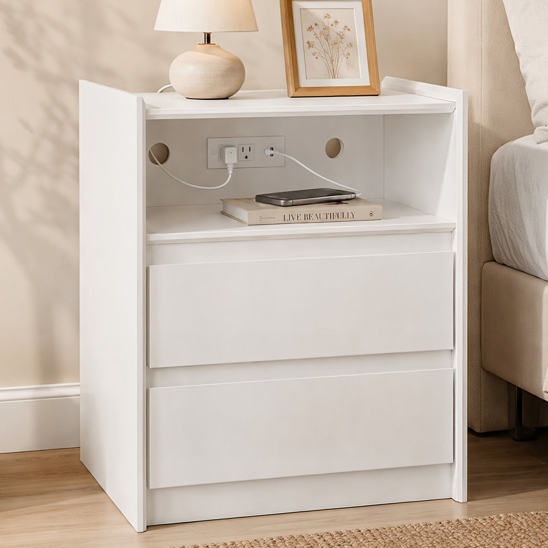 Table de chevet moderne blanche / noire avec station de charge, 2 tiroirs et tablette ouverte, Blanc, Individuel