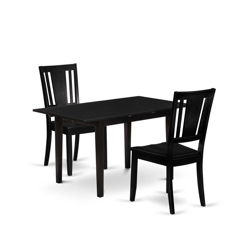 Black Finish Rectangular Solid Wood Top With Butterfly Leaf Dining Table Set, 3 Pieces: 1 Table, 2 Chairs