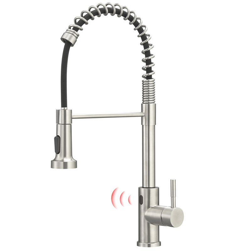 Motion Sensor Activated Kitchen Faucet, Brushed Nickel, Contemporary Temptation, Single Handle, Ceramic Filler, Brass Hands Lure, Sensor,
