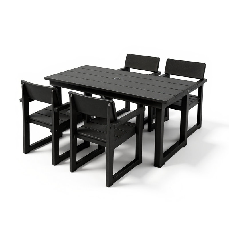 5 Outdoor Dining For 4 Made From - Weather- Patio Table With Umbrella Hole And Armrest Chairs, Appropriate Garden Areas In Black Solution Backyard Lawn