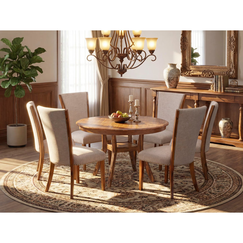L'ensemble de table de cuisine 7 pièces comprend une table ronde de 48 po avec piédestal et 6 chaises Parson en tissu de lin brun clair, noyer antique