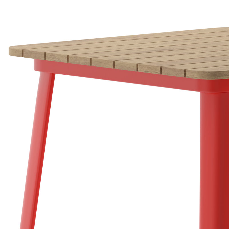 Table de bar carrée commerciale en poly avec cadre en acier 31,5 po Gwennette, Plateau brun / base rouge