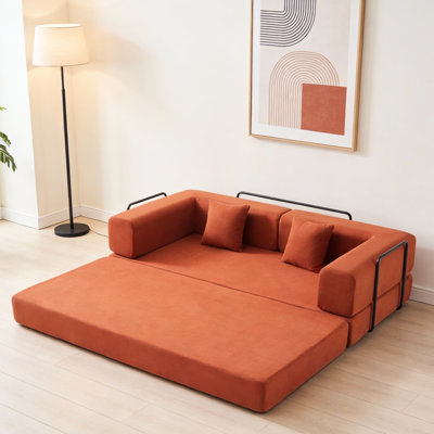 Lit convertible en velours côtelé orange à 3 places avec structure fixe, coussin cylindrique, salon au sol dans la chambre à coucher, mousse à mémoire de forme douce, dossier coussiné, chambre rouge respirante, carré à haute densité