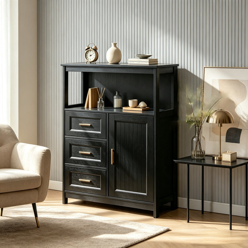 Buffet moderne avec 3 tiroirs et 1 porte, buffet de rangement noir avec tablette réglable - Armoire de plancher pour la cuisine, la salle à manger et le salon