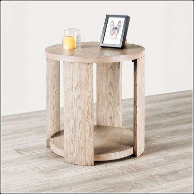 Table de bout ronde de style moderne avec rangement inférieur ouvert, finition chêne pour le salon principal