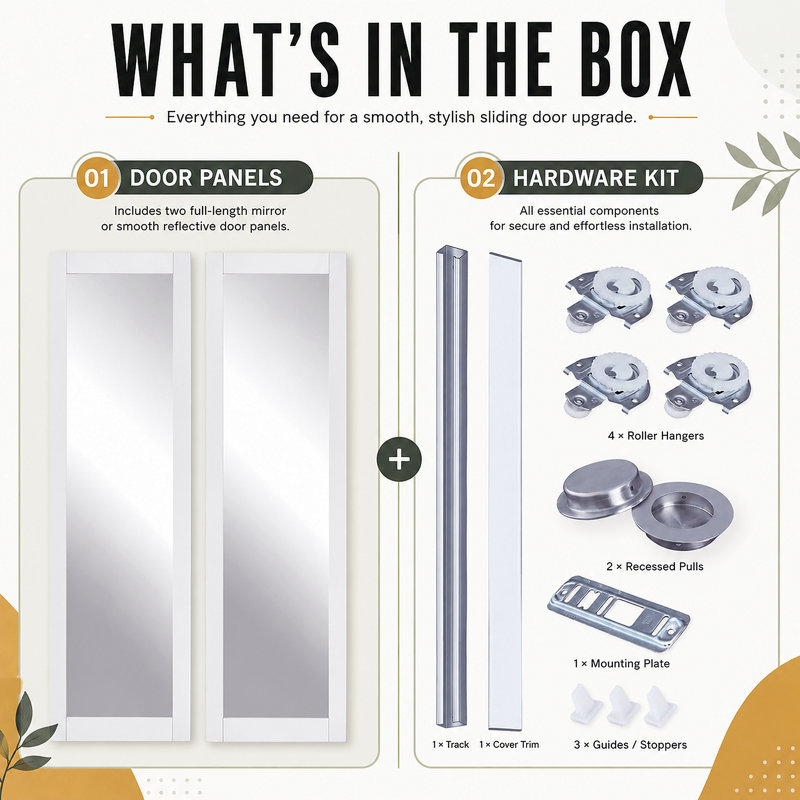 Portes coulissantes en miroir 60 po x 80 po avec quincaillerie et poignées, 60 po x 80 po