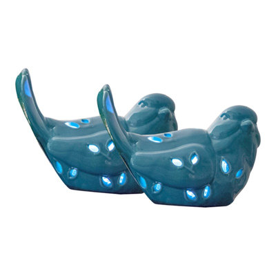  Ensemble de 2 figurines d'oiseaux en céramique à DEL bleues H 4 po