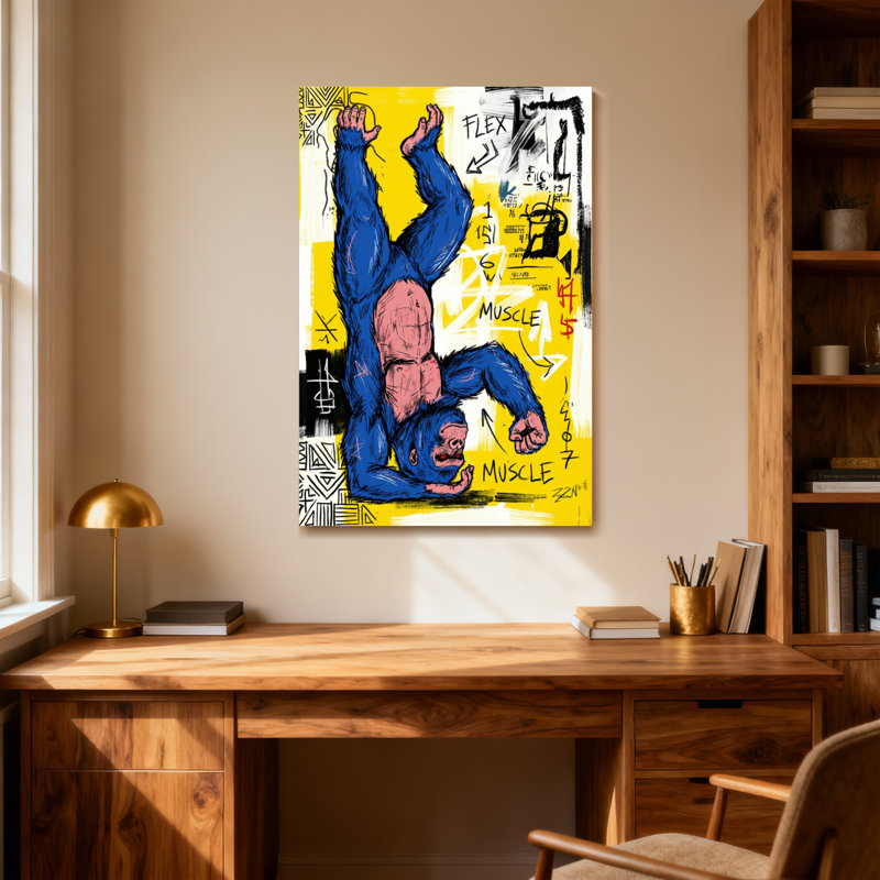 Animaux, singe bleu, muscles flexibles, fond jaune, H 18 po x l 12 po