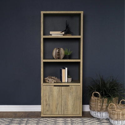 3 tablettes, bois d'ingénierie, tour média, couleur manguier, présentoir ouvert, photos, œuvres d'art, armoire dissimulée, figurants, finitions impeccables, tablettes arrière, art, deux cordons de porte, jeux