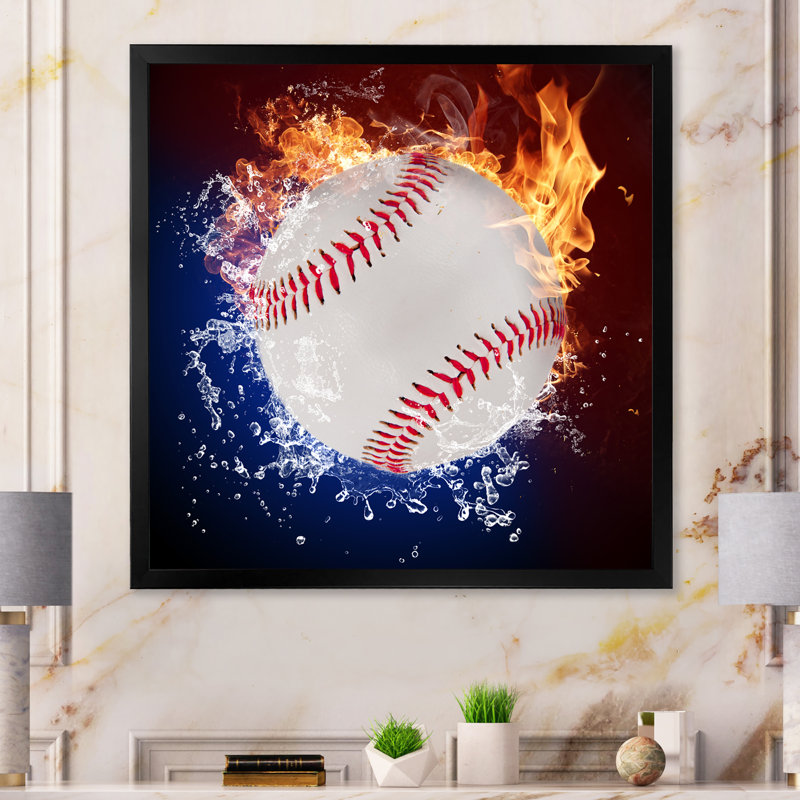 Baseball Ball In Fire Flames - on, Impression noire sur toile encadrée, H 16 po x l 16 po x P 1 po