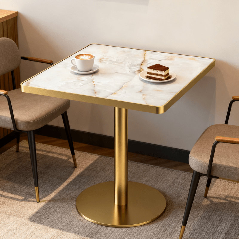 Table de salle à manger 31,5 po carrée en pierre frittée avec base en métal doré - Usage commercial et résidentiel pour les cafés, les restaurants et les petits espaces
