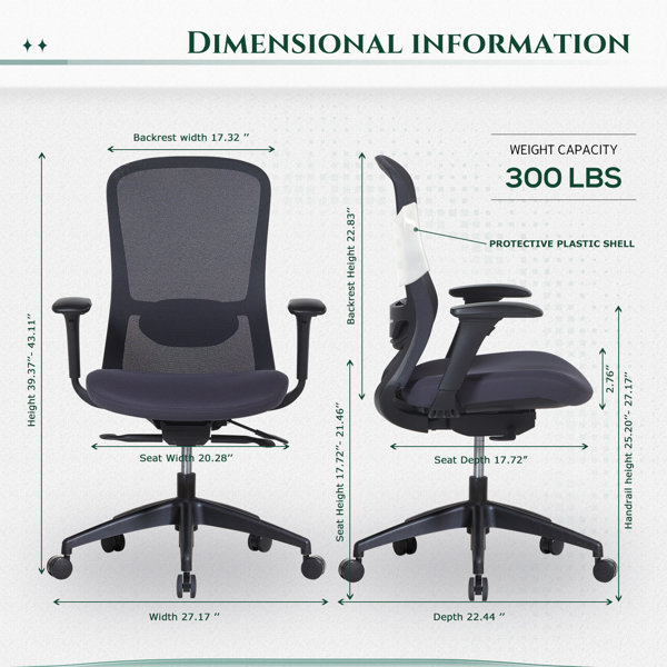 Office Factor Black Mesh High Back Executive Office Chair, Adjustable Arms,  Head Rest, Seat Depth, Lumbar Support, Height, PU Casters, Ergonomic