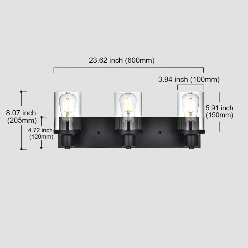 Luminaire de meuble-lavabo pour salle de bain, luminaire pour meuble-lavabo noir mat à 3 lumières avec abat-jour en verre transparent