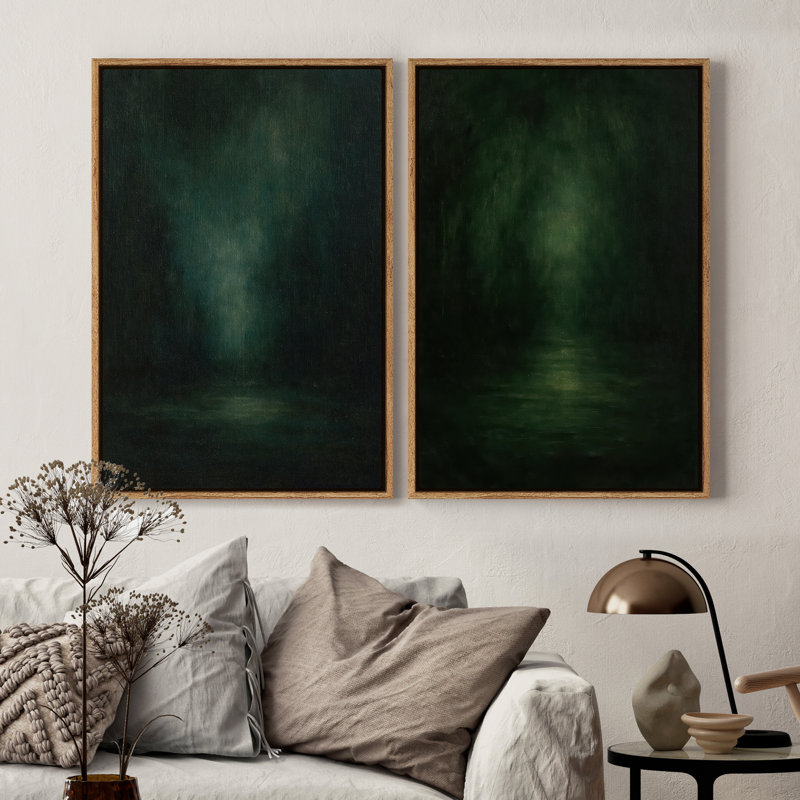 Framed Canvas Wall Art - Dark Green Abstract Atmospheric Wall Prints for Bedroom - 24"x36"x2pcs, Natural, 36" H x 24" W