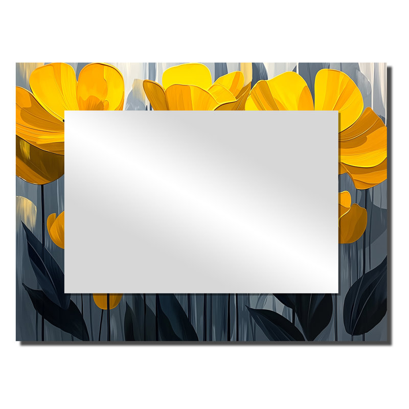 Champ de coquelicots jaune et gris dans la brise II - Miroir mural décoratif floral - imprimé sur métal, 24" x 32"