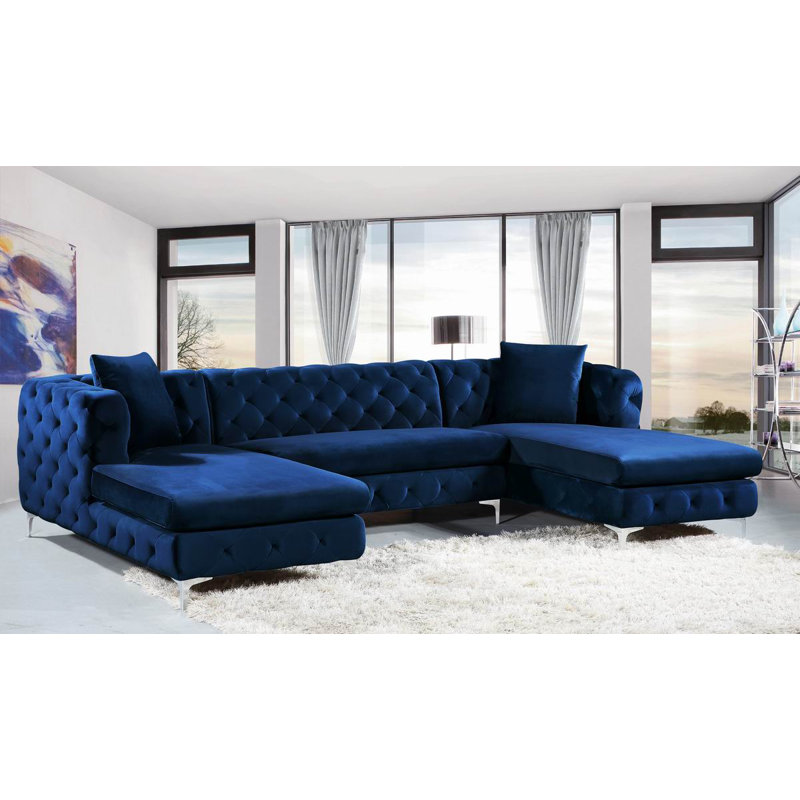 Miranda Velvet U-Shaped Sectional Symmetrical, Navy Velvet