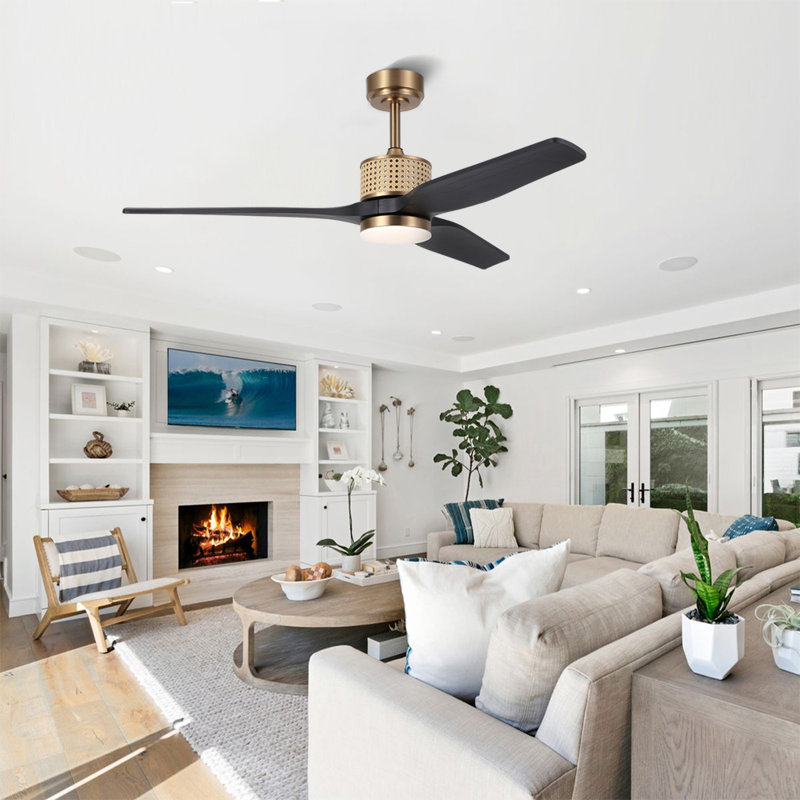 52 In. 3 Solid Wood Blades Indoor Ceiling Fan With Led Light, Gold with Black Blades