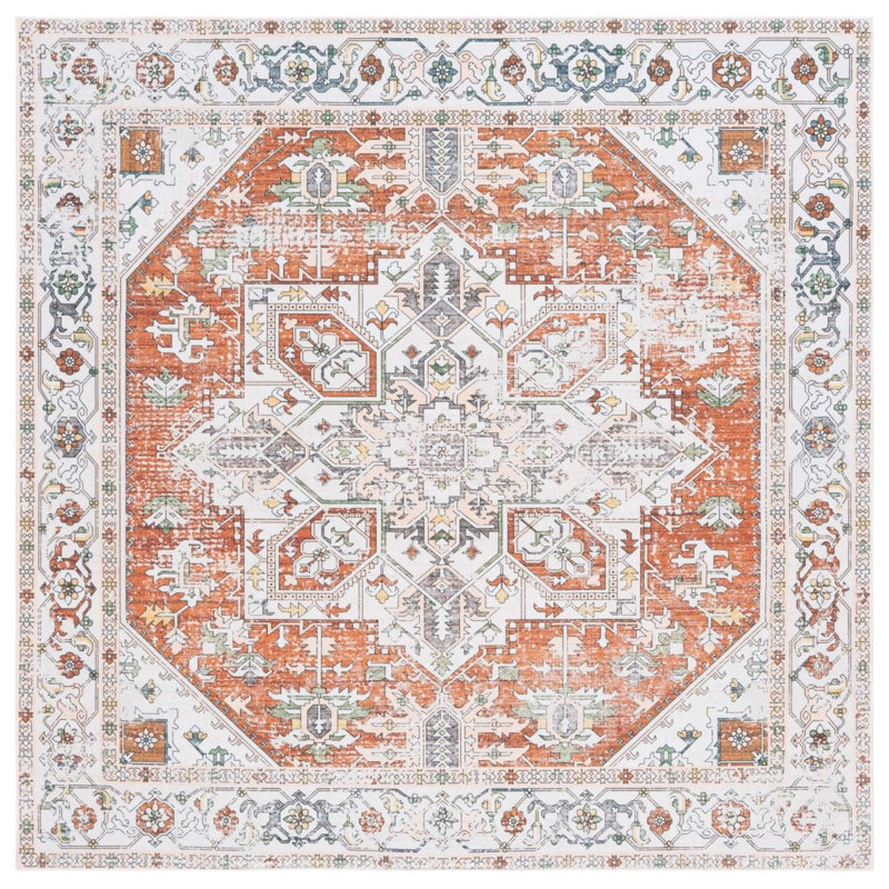 Arizona Oriental Machine Washable Non-Slip Area Rug in Ivory & Red, Square 183cm