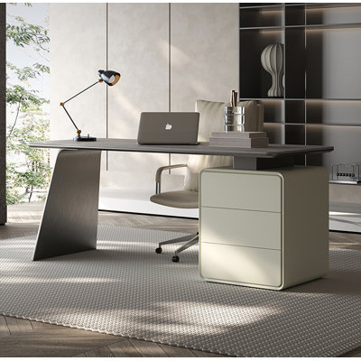 Italian Minimalist Sintered Stone & Metal Desk with Drawers