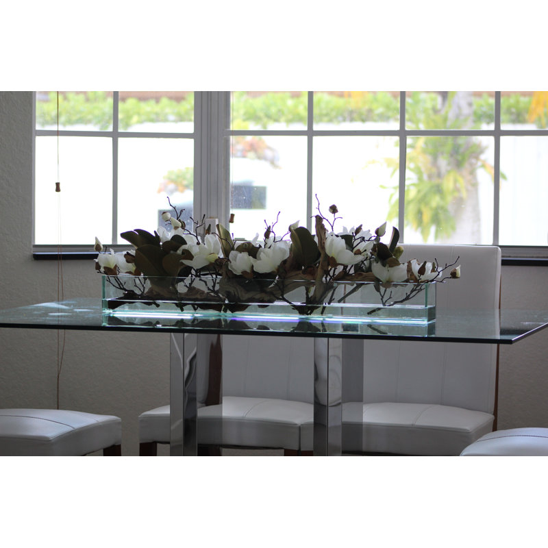Glass Plate Magnolia Floral Arrangement And Centerpiece In Planter, 8" H x 36" W x 4" D, White