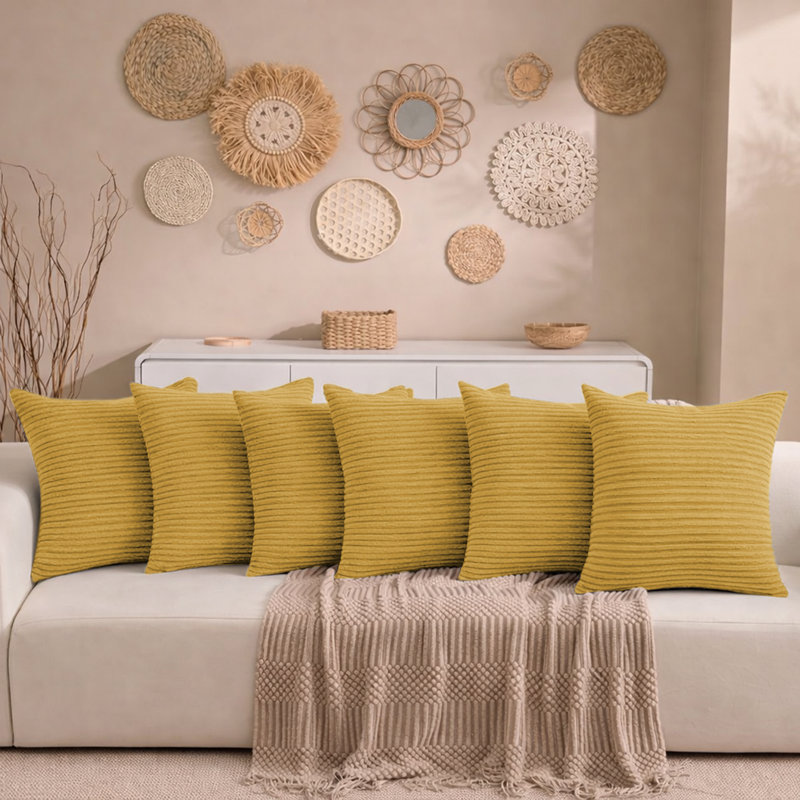 Aspire Homeware Striped Square Velvet Cushion Cover, Ochre, Pack of 6