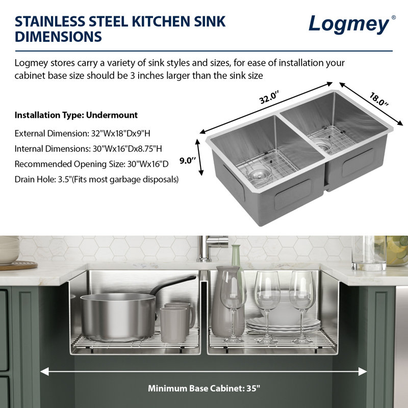 Évier de cuisine encastré à double cuve 50/50 en acier inoxydable de calibre 16 L 32 po x l 18 po