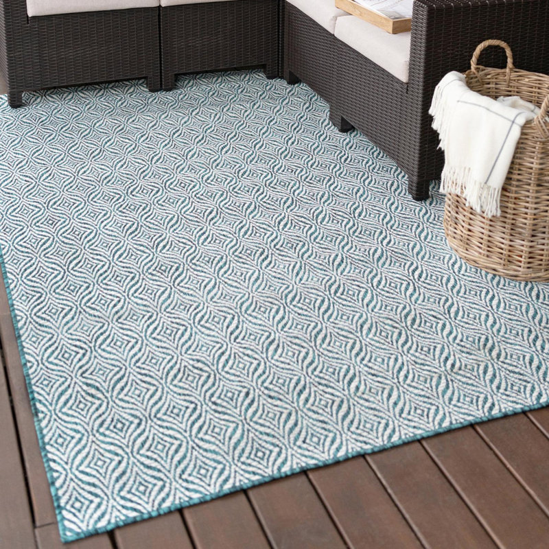 Tapis intérieur / extérieur bleu sarcelle / ivoire Locust Grove, Rectangle 9 pi x 12 pi 2 po
