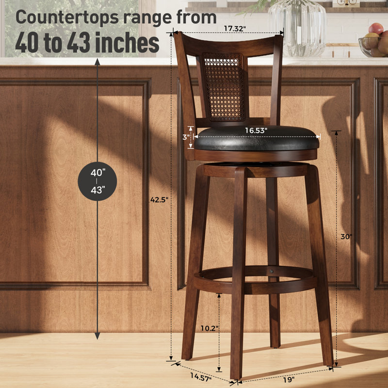 Avis 30" Traditional Upholstered Bar Stool with Faux Leather Swivel Seat and Rattan Back Rubber Wood Frame (Set of 4), 4