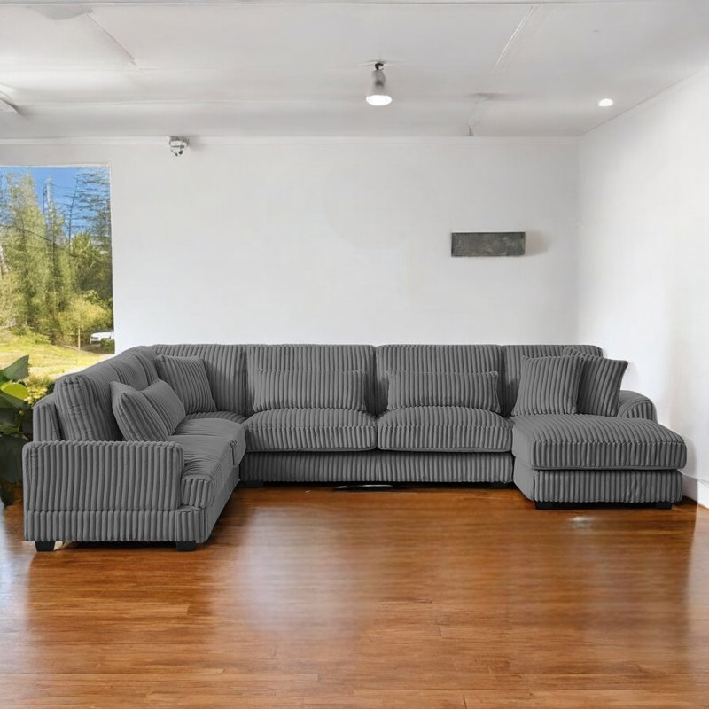 4-Piece Corduroy Upholstered Sectional Sofa, Dark Gray Corduroy