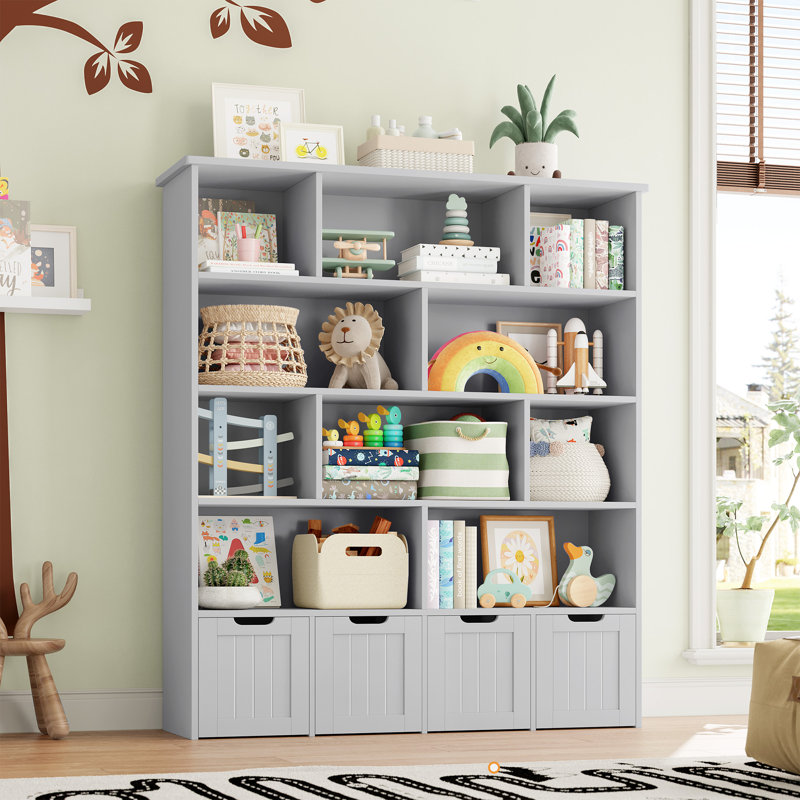 57.5"H 5-Tier Cube Storage Bookcase, Standard Bookcase with 4 Removable Drawers, Grey